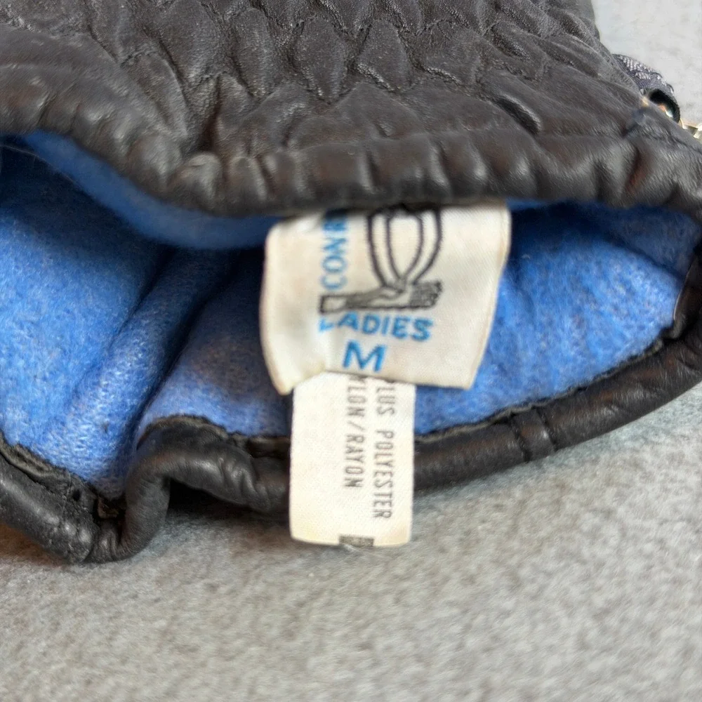 Vintage Conroy Black Leather Mittens Womens Medium Blue Fleece Lined Zipper Back